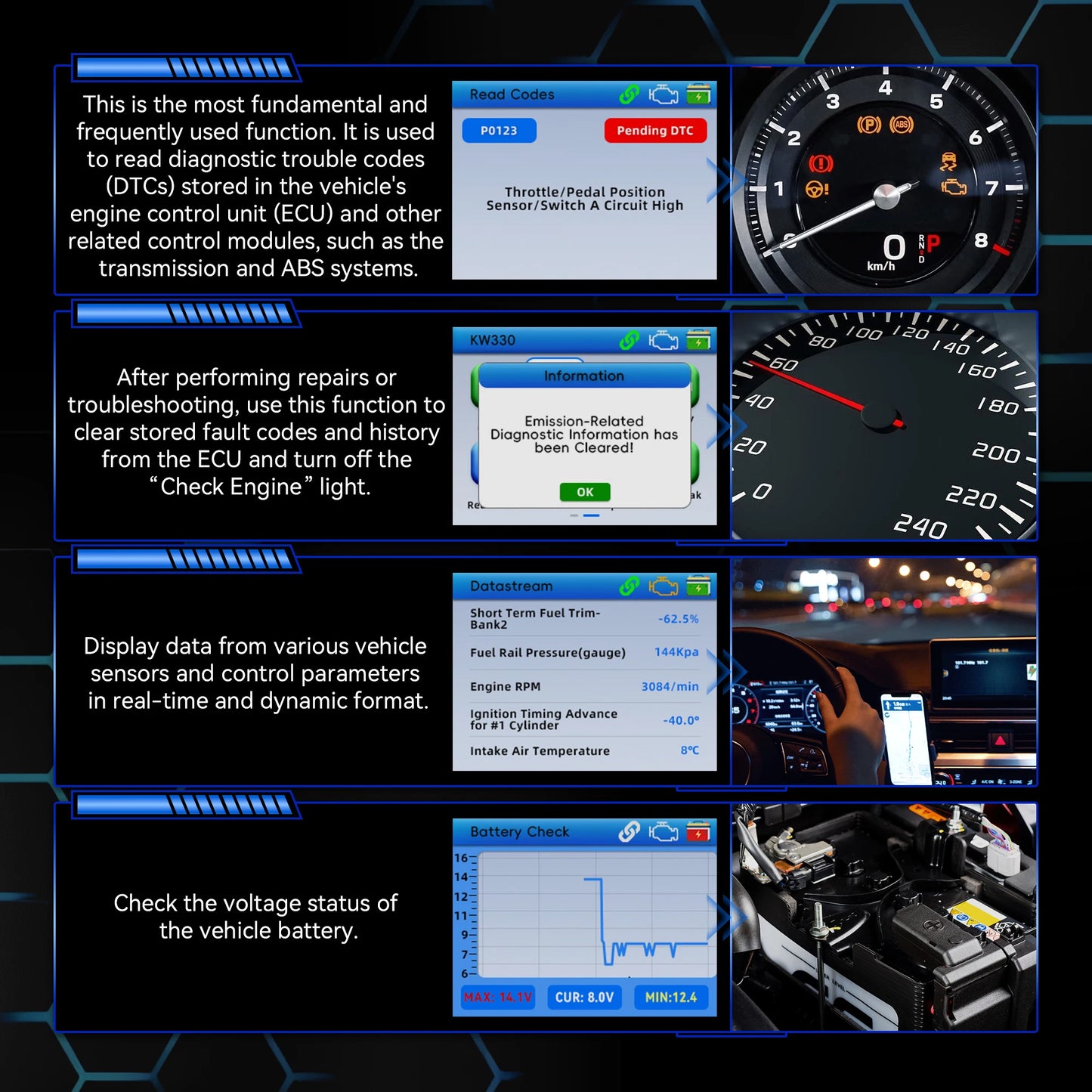 2026 KONNWEI KW330 Car OBD2 Fault Scanner Engine Battery Test  Fault Code Clear Real-Time Data Professional OBD Inspection Tool