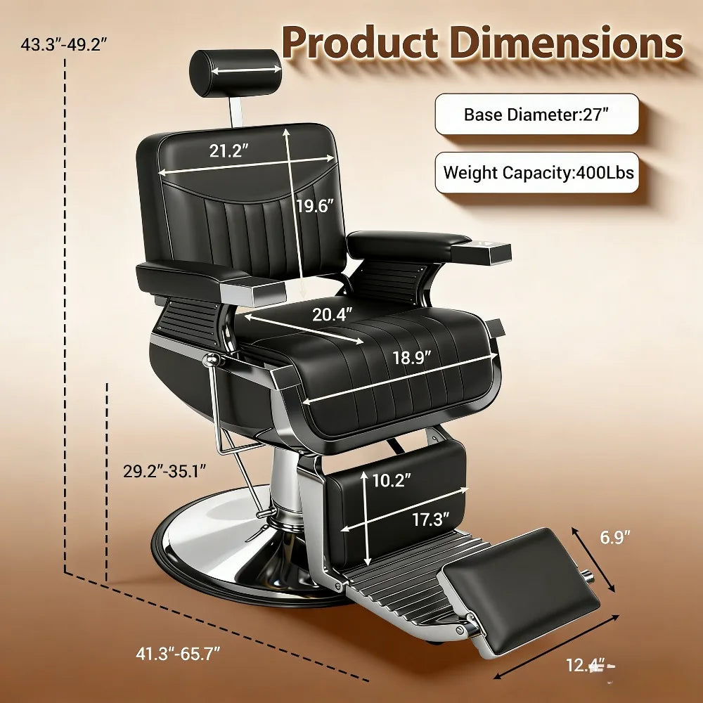 Barber Chair, Modern Hydraulic Reclining Barber Salon Chair with Vertical PU Leather, Adjustable Headrest & Footrest,Customized
