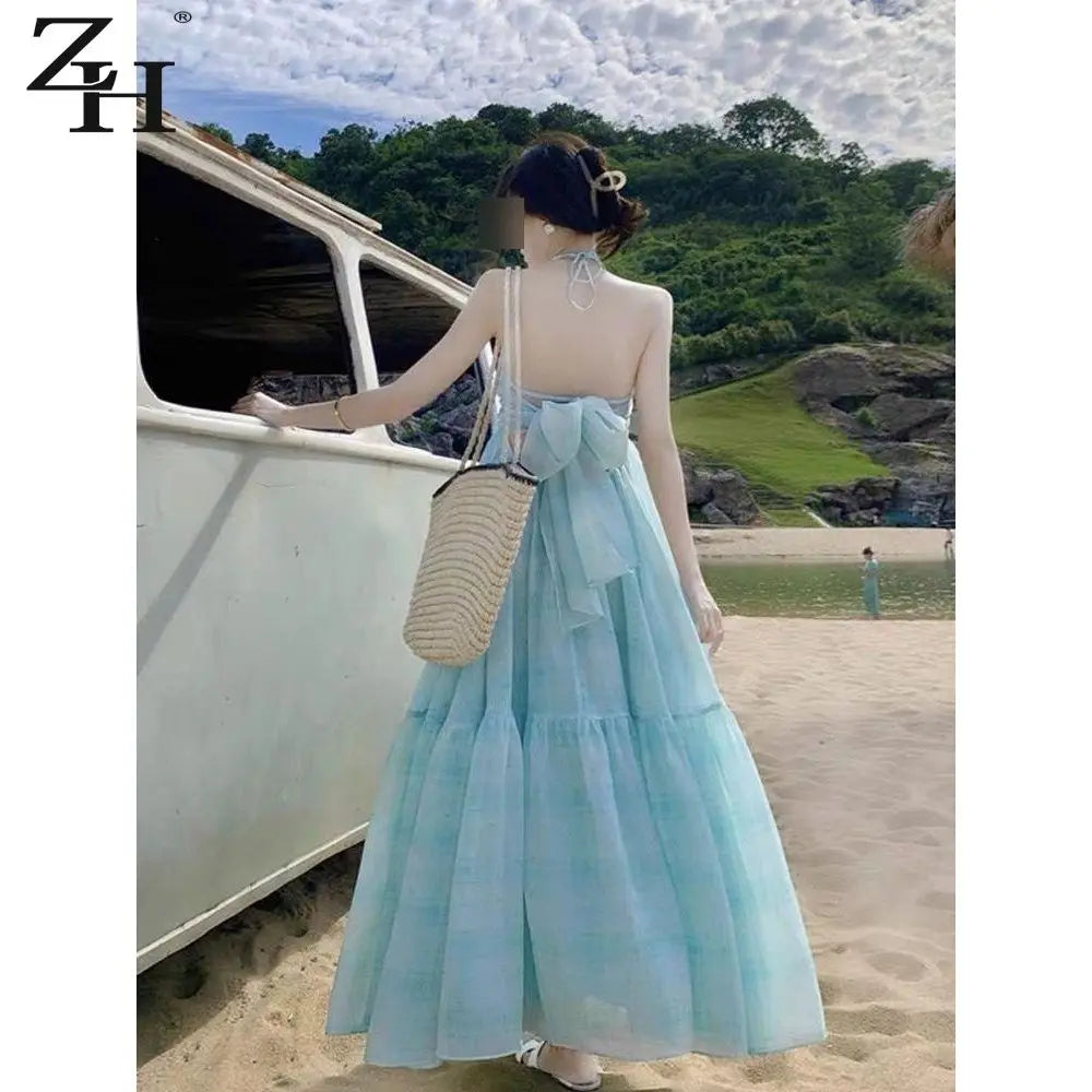 Seaside Vacation Tea Break French Halter Dress Fairy Temperament Long Skirt Backless Bow Tie Flowy Tiered Beach Dresses