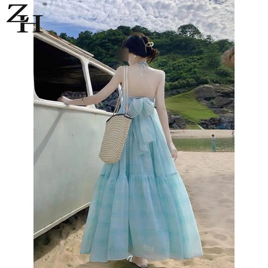Seaside Vacation Tea Break French Halter Dress Fairy Temperament Long Skirt Backless Bow Tie Flowy Tiered Beach Dresses