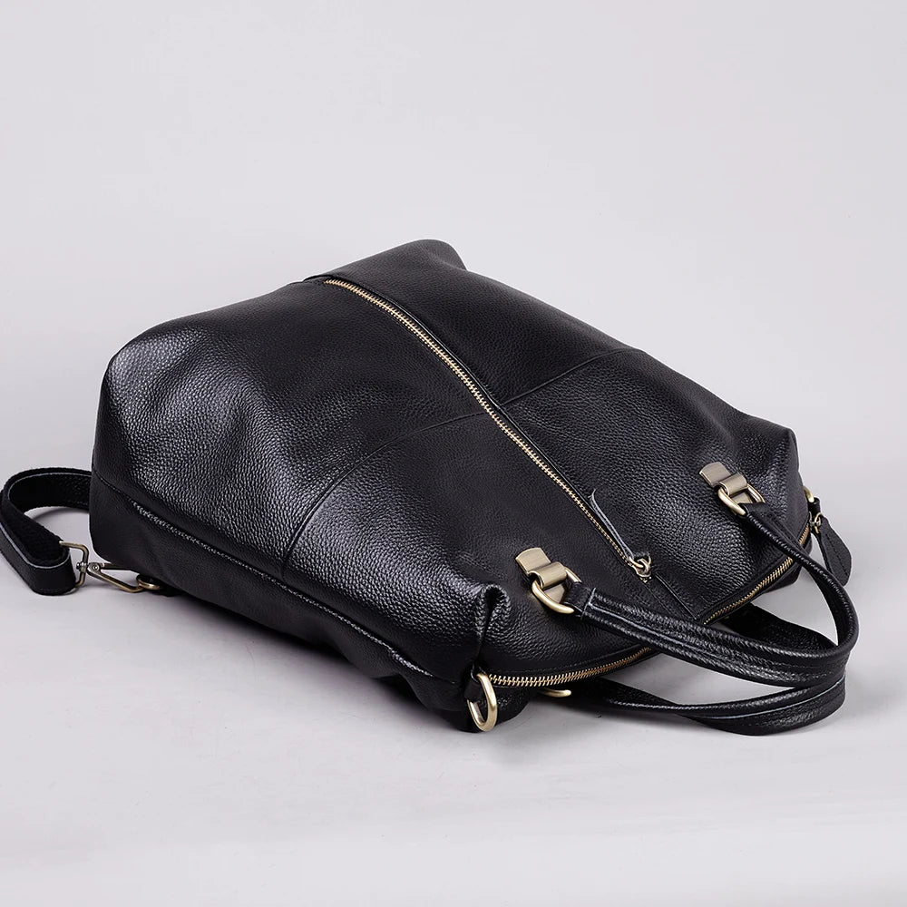 Fashionable Soft Top Layer Cowhide Backpack Large Women's Bag Black Versatile Ladies Handbag Shoulder Bag for All Occasions