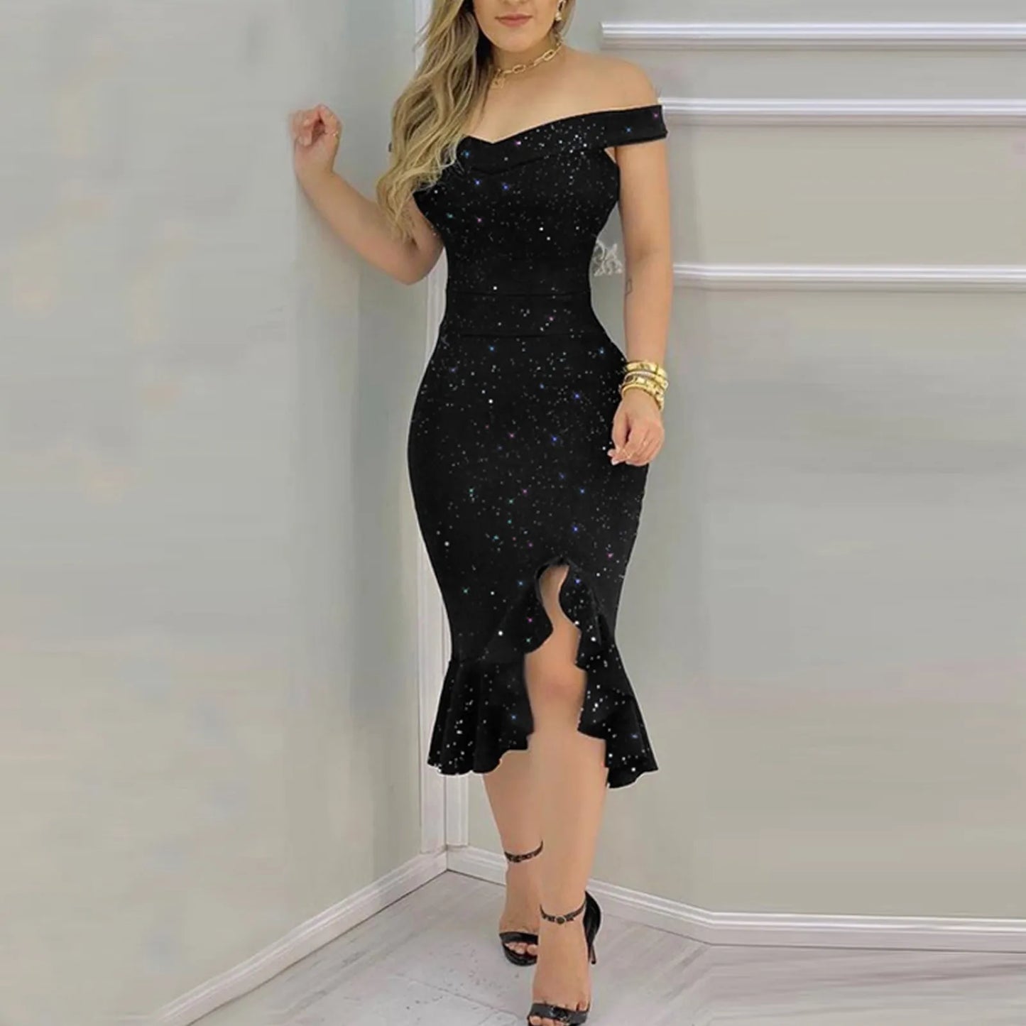 Women's Fashion Sexy Summer Off Shoulder  Short Sleeve Sequin Ruffle Irregular Dresses elegant women's dresses for party 2024