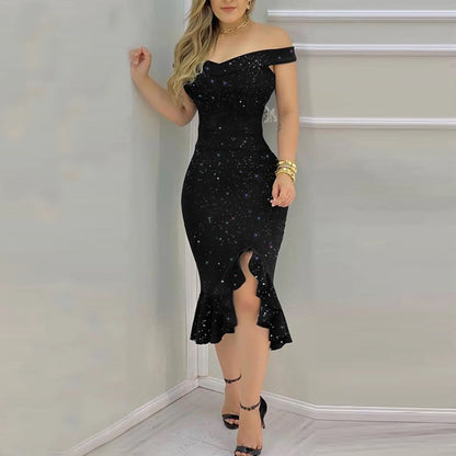 Women's Fashion Sexy Summer Off Shoulder  Short Sleeve Sequin Ruffle Irregular Dresses elegant women's dresses for party 2024