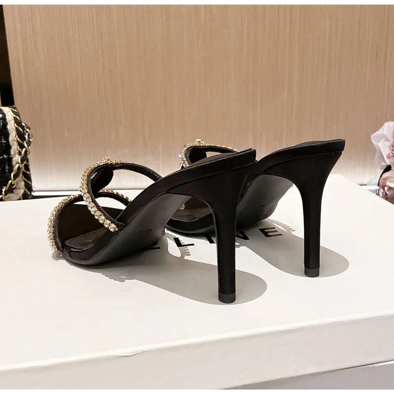 Luxury Rhinestones Gem Narrow band Women Slipper Sandals Elegant Pointed toe Thin High heels Mules Slides Fashion Party Shoes