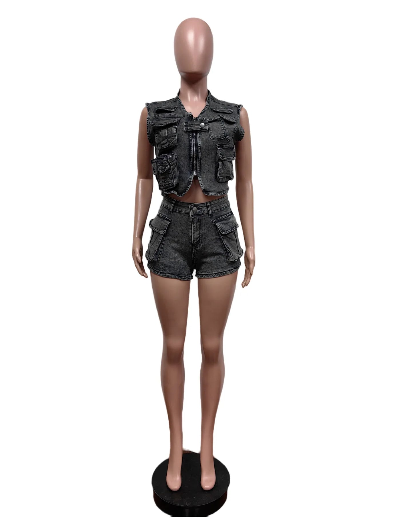 Multi Pockets Jeans Shorts Outfit Set Sexy Women Elegant Two Pieces Denim Club Matching Set Top+Shorts