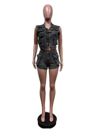 Multi Pockets Jeans Shorts Outfit Set Sexy Women Elegant Two Pieces Denim Club Matching Set Top+Shorts