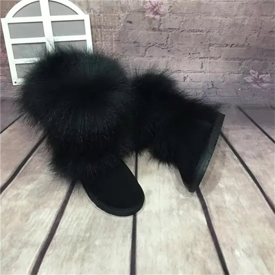 New Arrival 2025 Non-slip Fox Fur Woman Winter Snow Boots Women's Shoes Genuine Leather Natural Women's Snow Boots Thick Plush