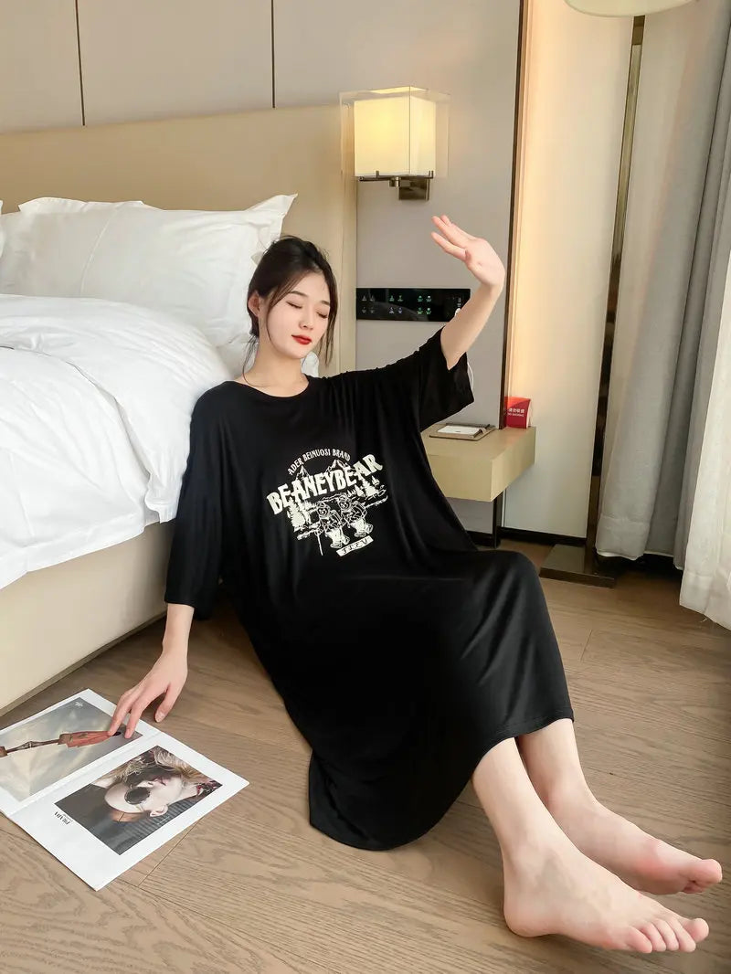 New Casual Sleepwear Woman Night Dress Lounge Home Wear Clothes Printed Short Sleeve Female Nightgowns Cotton Loose Nightshirt