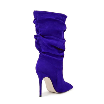 2025Women's Autumn and Winter New Pleated High-heeled Short Boots with Pointed Sleeves, Women's 35-47 Large Mid Length Boots