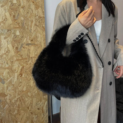 Winter Shoulder Bags Casual Furry for Women Solid Color Soft Plush Ladies Clutch Purse Handbags Lightweight Female Hobos Bag