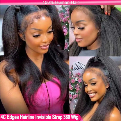 360 Full HD Lace Frontal Wig Human Hair 4C Edges Invisible Strap Glueless Kinky Straight Wig With Kinky Curly Baby Hair