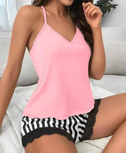 New Fashion 2023 Casual Summer Womens Two Piece Sets Outfit Sexy Floral Print Lace Trim Sleep Cami Set Female Clothing
