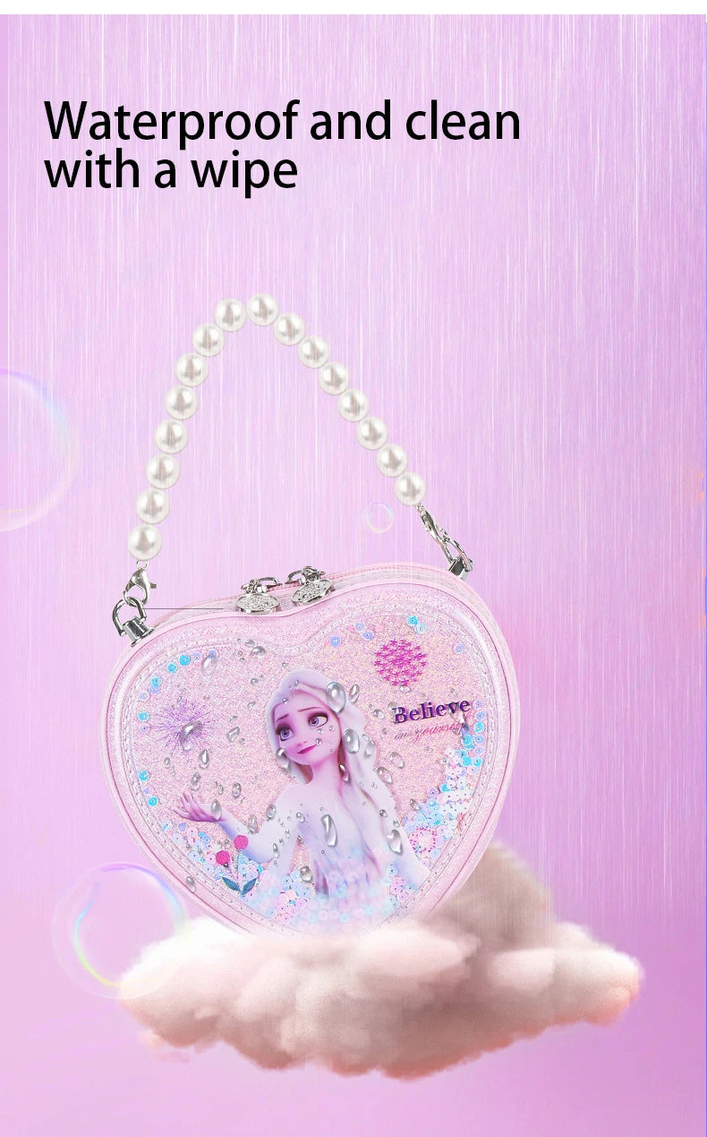 Disney Elsa Shoulder Bag Shiny Quicksand Pearl Handbag Heart-shaped Crossbody Bag For Girls Gifts
