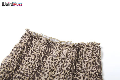 Weird Puss Leopard Print Women 2 Piece Set Sexy See Through Summer Ruffles Camisole+Shorts Vacation Matching Clubwear Outfits