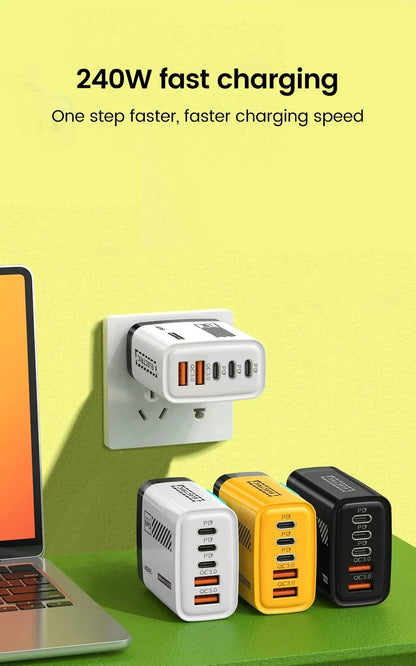 240W GaN Fast Charger 5 Ports 3USB C 2USB QC3.0 Quick Charge Plug Travel Wall Charger for iPhone Samsung Xiaomi Tablet EU/US/UK