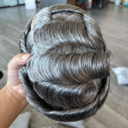 Natural Hairline 1B65 Grey Old Man 100% Human Hair Wigs System Prosthesis Super Durable 0.1mm Strong PU Base Men Silicon Toupee