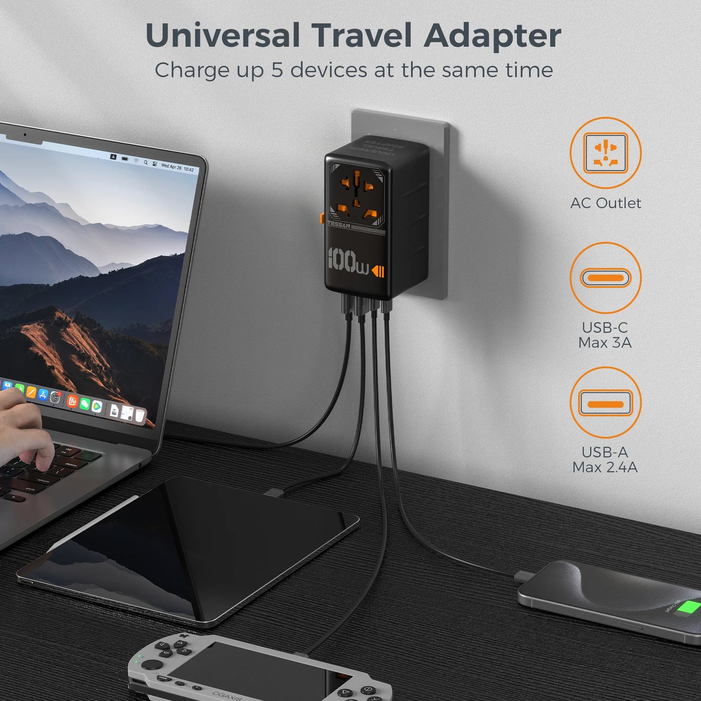 TESSAN 35W/65W/100W GaN Universal Travel Adapter with USB Ports Type C Fast Charging Power Adapter EU/UK/USA/AUS Plug for Travel