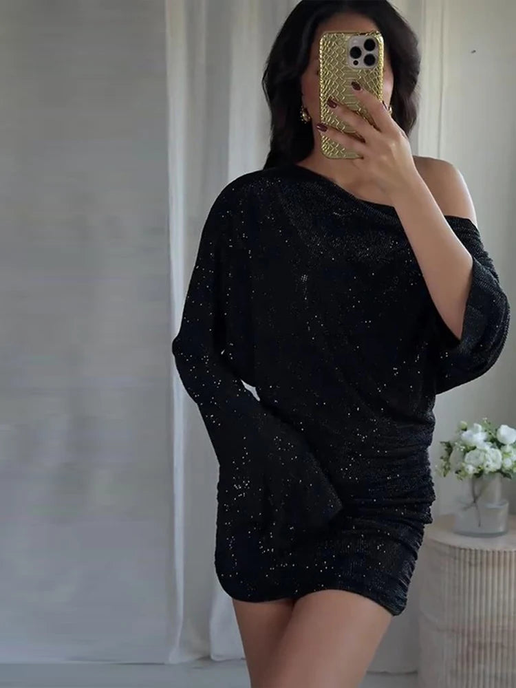 Sexy Sequined Short Dress Women V Neck Pleated Waist-cinched Empire Hip Package Dresses 2026 Spring Chic Party Evening Robe Lady