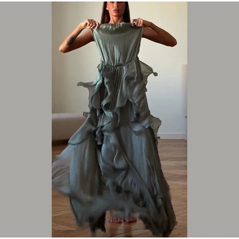 Sexy Cascading Ruffle Pleated Women Long Dress Fashion Lace Up Sleeveless Empire Female Dresses 2026 Spring Summer Lady Robe New