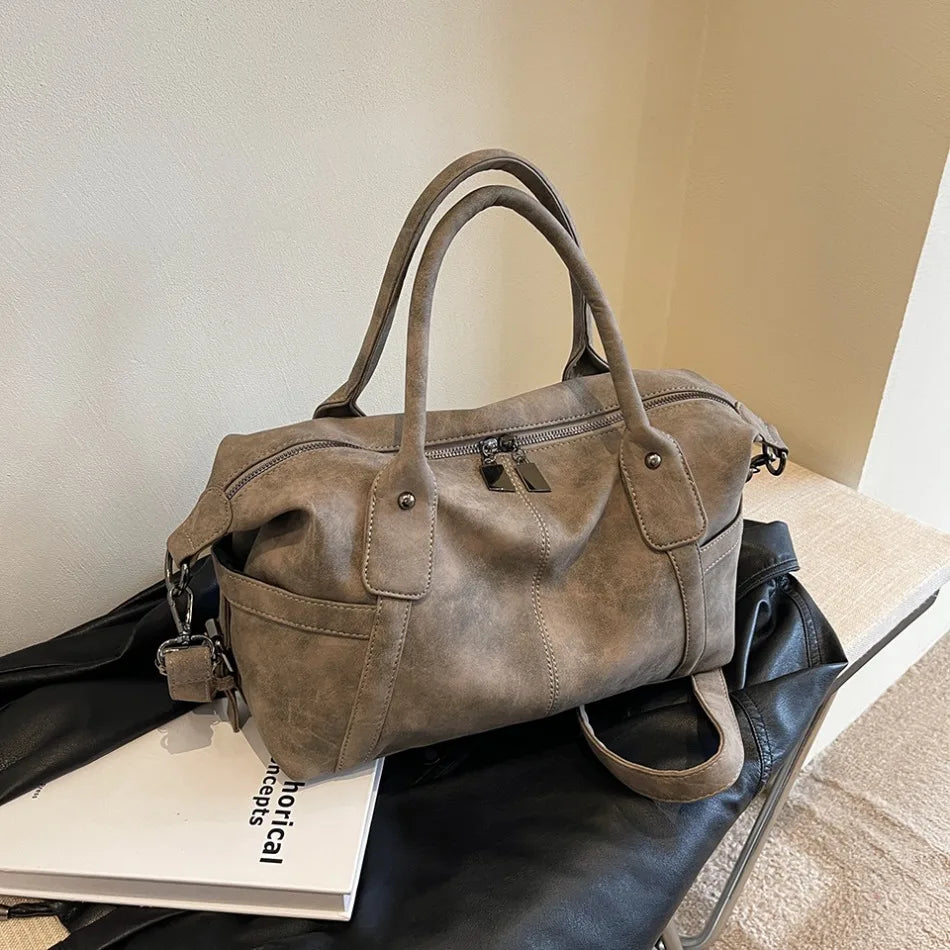 Retro Distressed Suede Texture Boston Hobo Bag Large Capacity Tote Handbag Shoulder Crossbody Bag for Women Daily Commute Trave