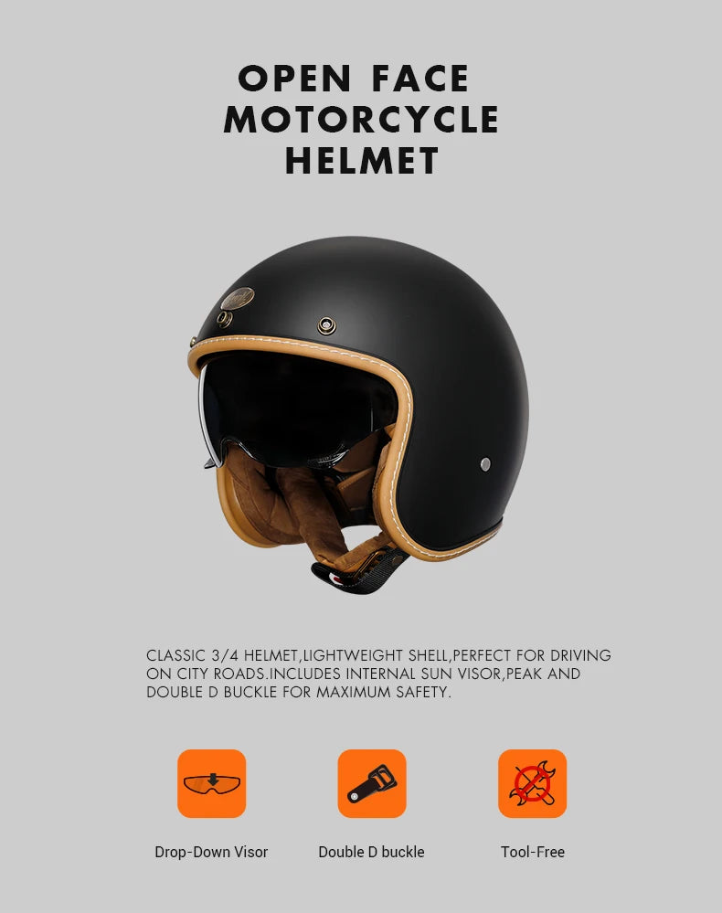 Retro 3/4 Open Face Half Motorcycle Helmet CYRIL B206 Lightweight Adult Vantage Jet Helmet for Men Women DOT ECE Approved
