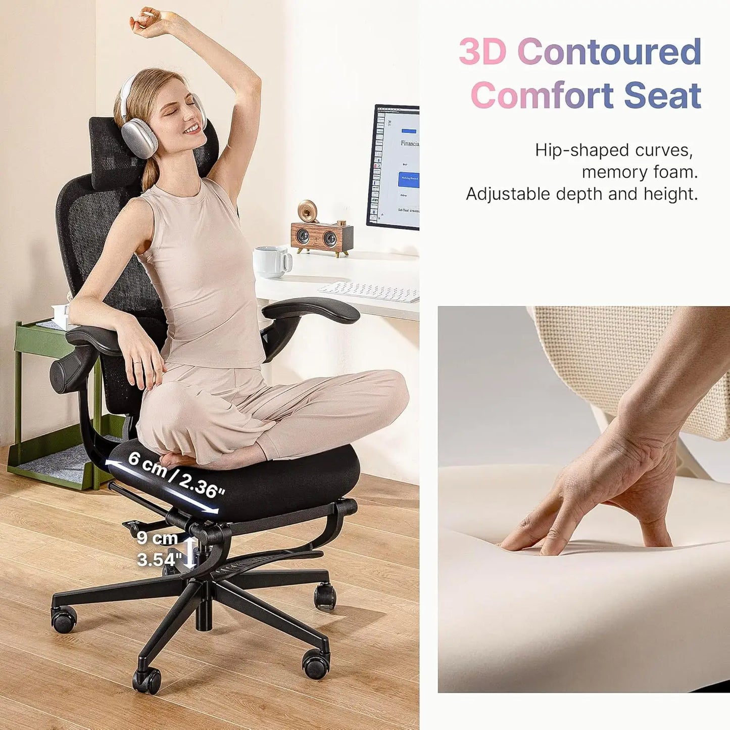 Q2 Ergonomic Office Chair with Lumbar Support & Adjustable Headrest, Cushion Seat with Flip-Up Arms, Reclining, Customized