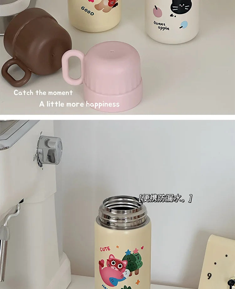 500ml Cartoon Stainless Steel Portable Thermos Cup,Cute Student Water Cup,Outdoor One Cover Dual-use Cup Vacuum Insulated Bottle