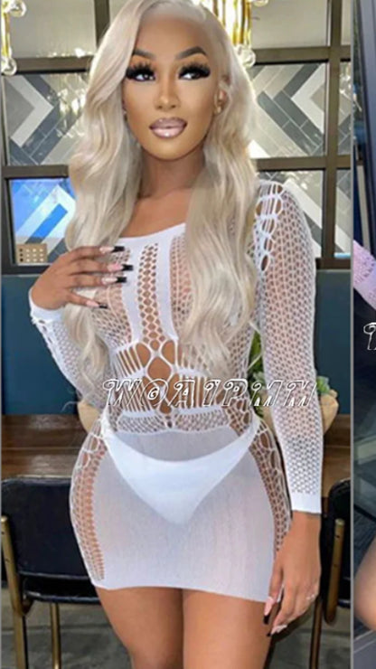Sexy Fishnet Mini Dress Short Skirt Club Ladies 2024 Summer Bodycon Dress Evening Party Tight Mini Women Dress Lingeries