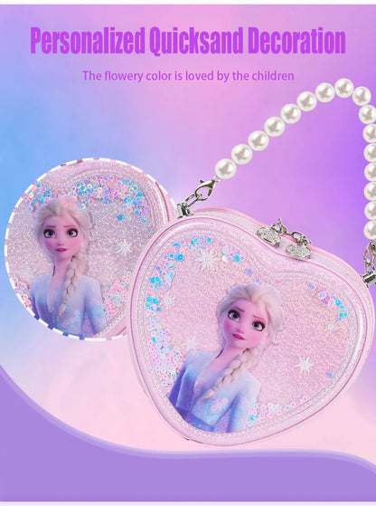 Disney Elsa Shoulder Bag Shiny Quicksand Pearl Handbag Heart-shaped Crossbody Bag For Girls Gifts