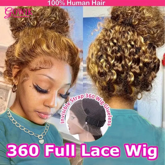 360 4/27 Full Lace Wig Human Hair Invisible Strap 250 Density Deep Wave HD Lace Frontal Wig Human Hair Pre Cut Curly 360 Wigs