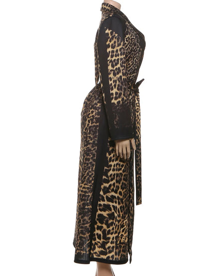 Kliou Leopard Print Trench Coat Woman Autumn Trend High Waist Bandage Cardigan Lapel Full Sleeve Street Fashion Style Clothing
