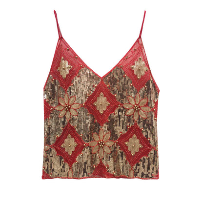 Sexy Sequins Beaded Camisoles Women Glitter Sleeveless Backless Pleated Sling Crop Tops 2026 Spring Summer Club Party Tank Lady