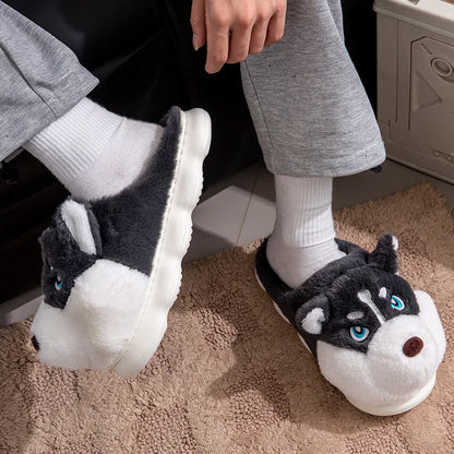Women Indoor Cotton Slippers Cute Cartoon Dog Winter Warm Shoes Couples Home Floor Slides Anti-slip  Female Male House Footwear