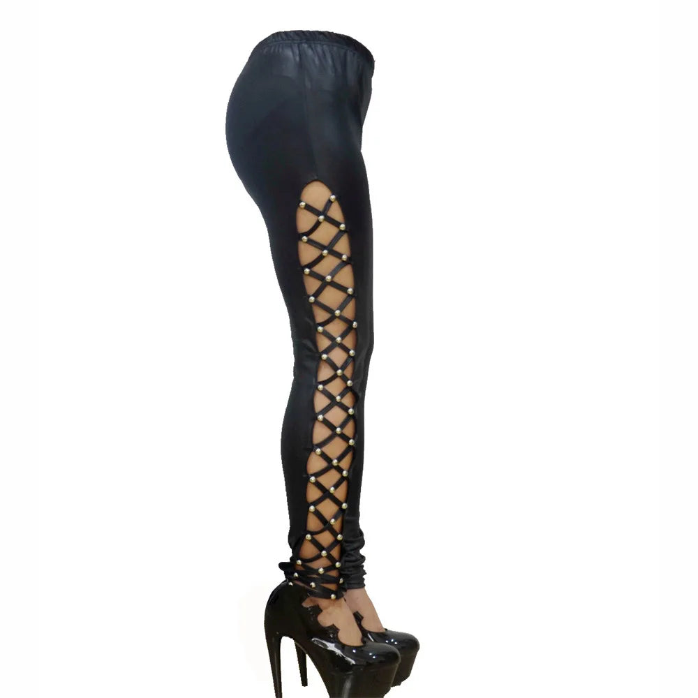 Women PU Leather Skinny Slim Trouser Gothic Punk Leggings Fishnet Trim Lace Pant Faux PU Leather Pencil Pants Club Clothing