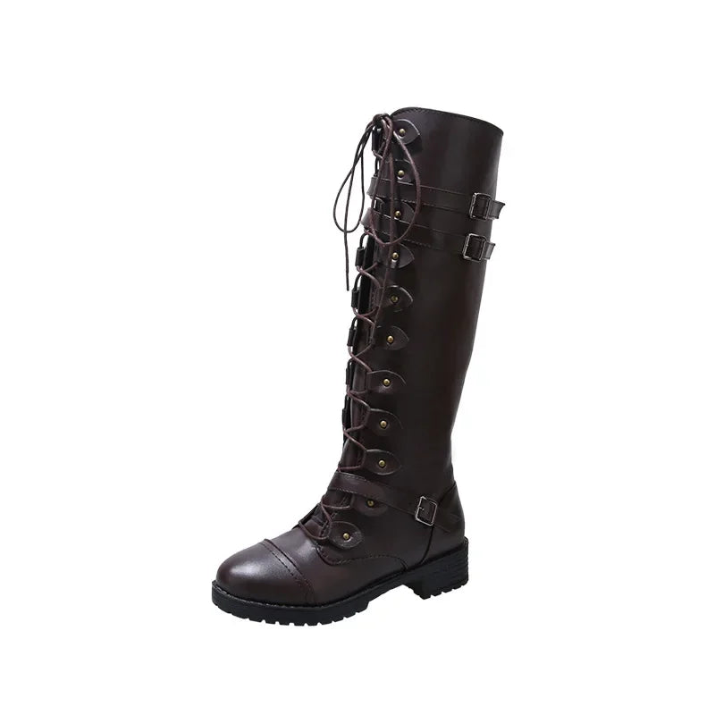 Women Knee high Boots Autumn Winter Lace Up Flat Shoes Sexy Steampunk PU Retro Buckle women shoes Ladies Snow Boots yui8