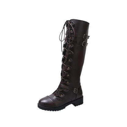 Women Knee high Boots Autumn Winter Lace Up Flat Shoes Sexy Steampunk PU Retro Buckle women shoes Ladies Snow Boots yui8