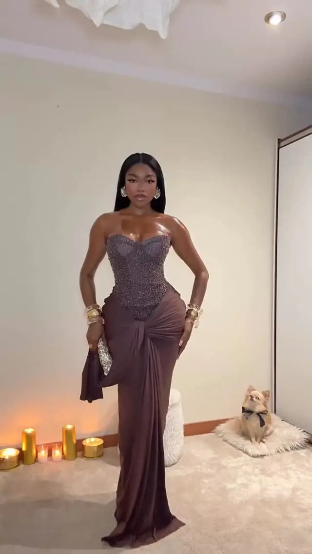 Sexy Sequin Patchwork Strapless Maxi Dress Women Sleeveles Off-shoulder Cinched-waist Pleated Dresses Lady Evening Party Gowns