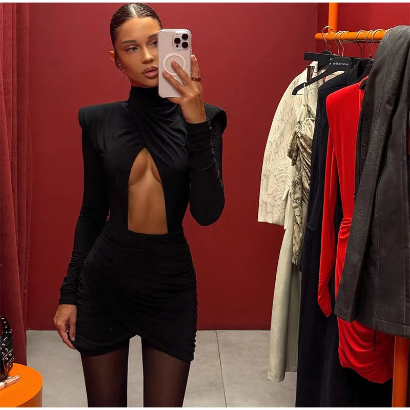 Sexy Hollow-out Pleated Mini Dress Women Fashion Solid Half High Collar Long Sleeve Slim Dresses 2025 Lady Party Club Robes