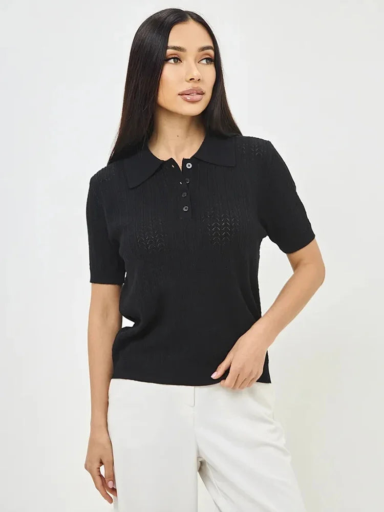 Typhaland Hollow Knitted T shirt Woman 2026 Summer New Short Sleeve Casual Loose Lapel Ins Hot Tops Lady Sweater T shirt Solid