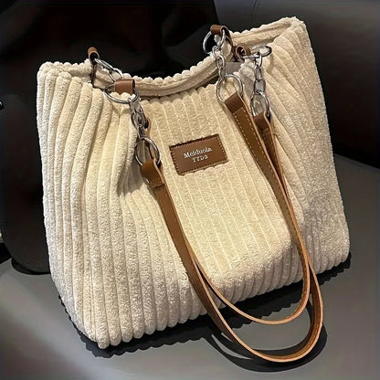 Large Capacity Corduroy Tote Bag Chain Handbag Shoulder Bag for Women, Polyester Lining, Zip Closure, Black, Beige, Khaki, Green