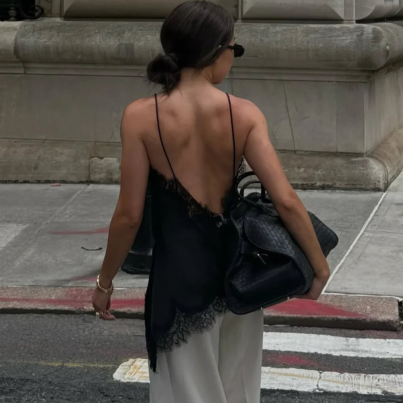 Sexy Floral Lace Satin Patchwork Camisole Vest For Women Summer Y2K Sleeveless Backless Tank Holiday Evening Party Lady Chic Top