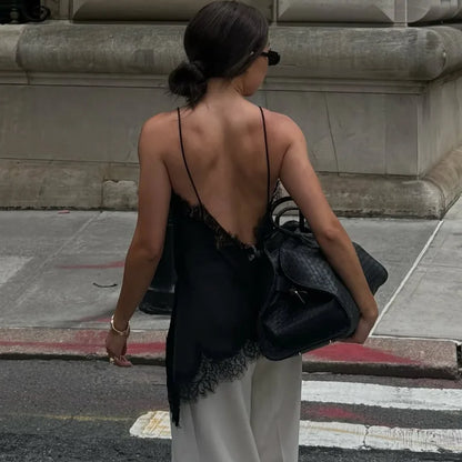 Sexy Floral Lace Satin Patchwork Camisole Vest For Women Summer Y2K Sleeveless Backless Tank Holiday Evening Party Lady Chic Top