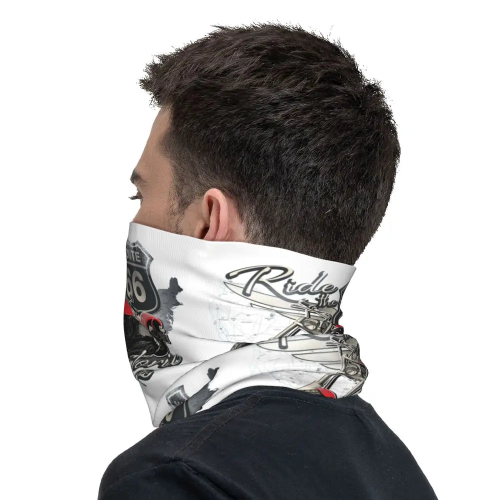 Custom Travel Motorcycle Ride Route 66 Bandana Winter Neck Warmer Windproof Wrap Face Scarf for Hiking Highways Gaiter Headband