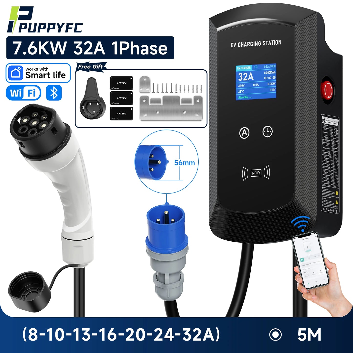 Puppyfc EV Charger 32A 7.6KW Electric Vehicle Car Charger EVSE Wallbox 11KW 22KW 3Phase Type2 5m IEC62196-2 Socket APP Control
