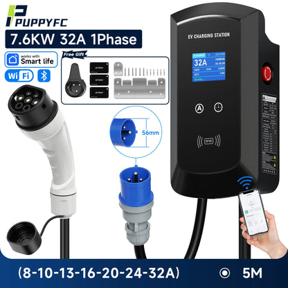 Puppyfc EV Charger 32A 7.6KW Electric Vehicle Car Charger EVSE Wallbox 11KW 22KW 3Phase Type2 5m IEC62196-2 Socket APP Control