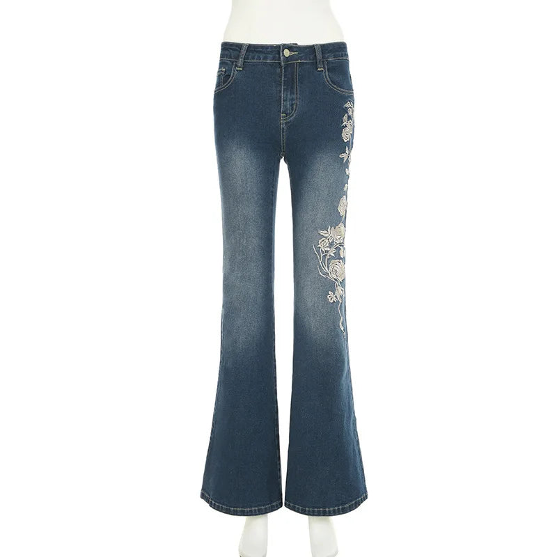 Flare Pants Jeans Women Embroidery Boot Cut Low Waist Washed Distressed Pockets Floor Length Streetwear 2025 Denim Trousers