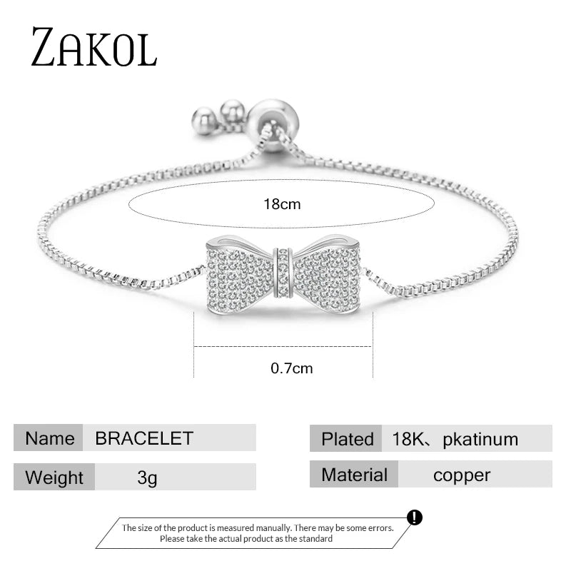 ZAKOL Fashion Bow Zirconia Crystal  Adjustable Bracelet & Bangle for Women Brilliant CZ Party Jewelry