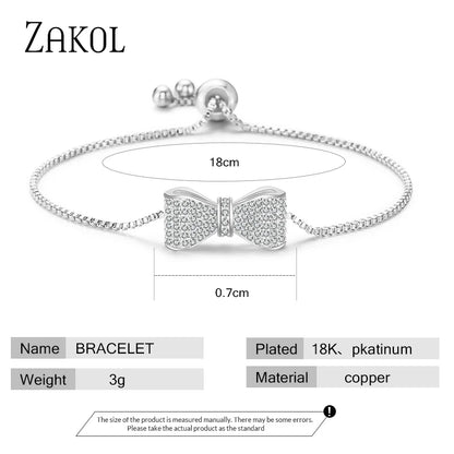 ZAKOL Fashion Bow Zirconia Crystal  Adjustable Bracelet & Bangle for Women Brilliant CZ Party Jewelry