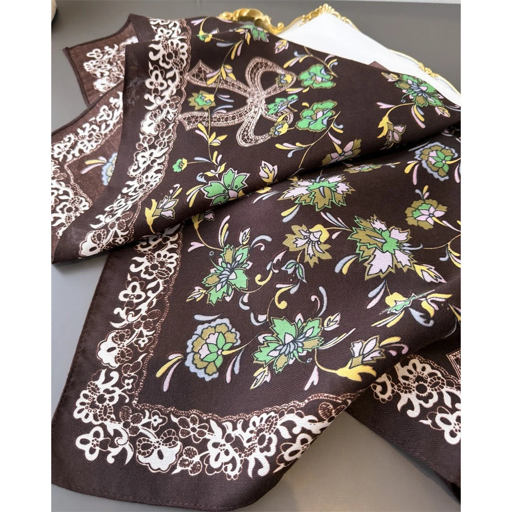 65*65cm Floral Print Small Cotton Feel Neck Ties Velvet Square Scarf for Women Soft Neckerchief Lady Hijab Female Hair Headbands