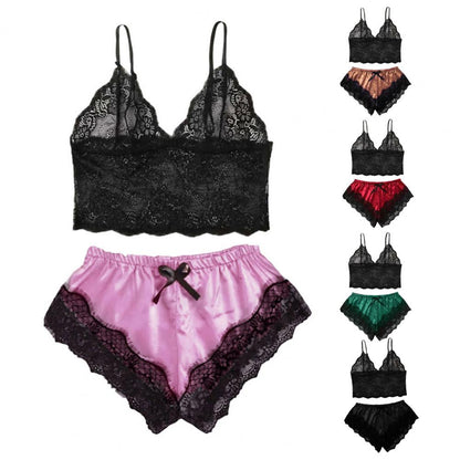 Spaghetti Strap Shorts Women Sleepwear Set Elastic Solid Color Female Camisole Shorts Lace Women Sleepwear Set